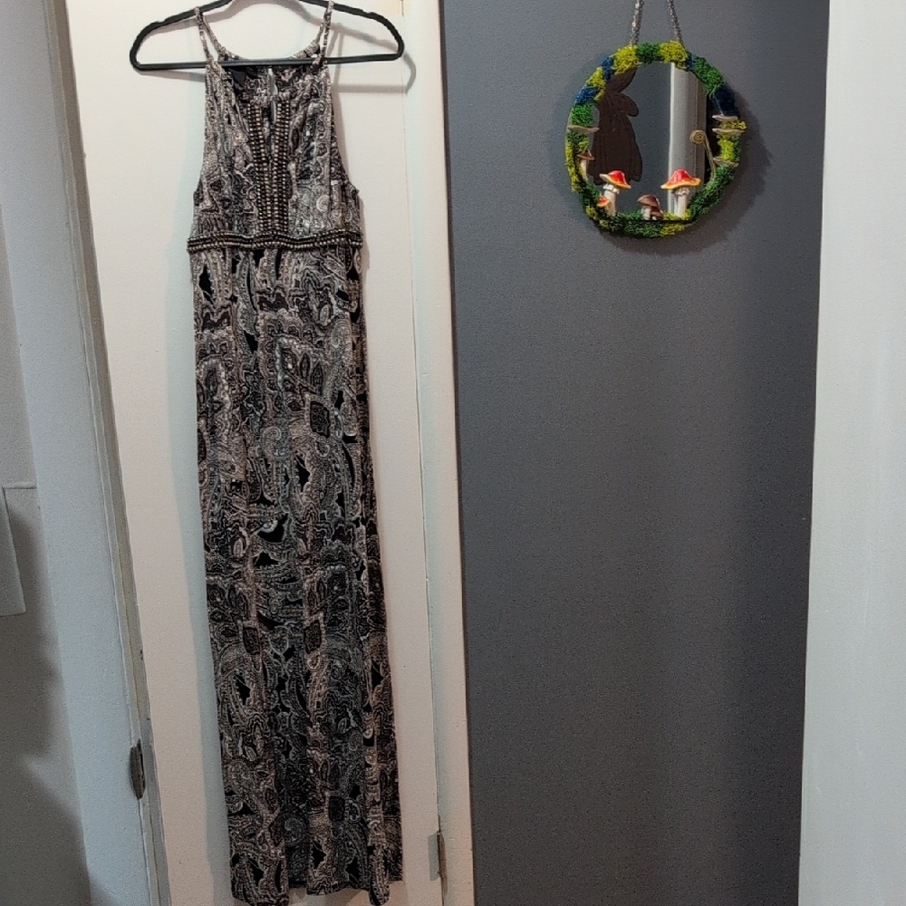 Elegant Brown and White Paisley Maxi Dress With Accent Beading